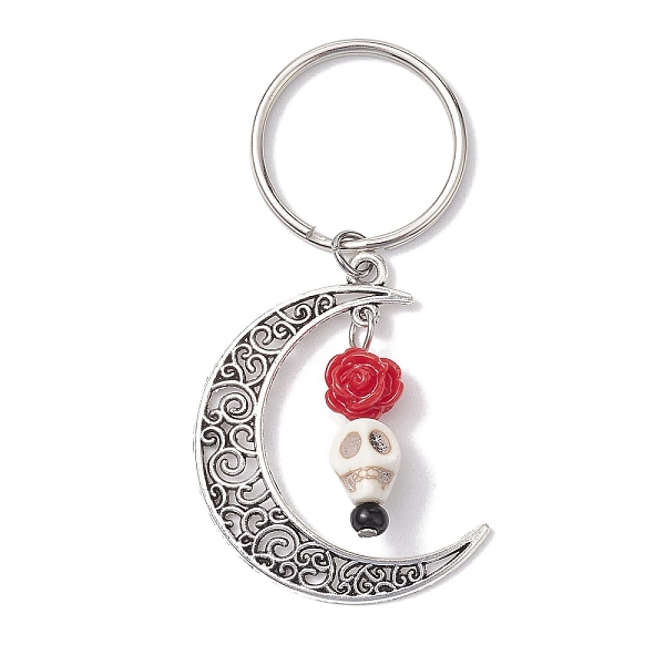 

PandaHall 5Pcs Alloy & Synthetic Turquoise & Resin Keychain, Moon, Flower, Skull, Red, 6.8cm Synthetic Turquoise Moon Red