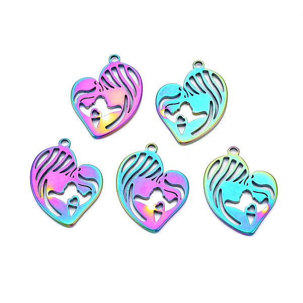 

PandaHall Ion Plating(IP) 201 Stainless Steel Pendants, Heart with Woman & Child, Rainbow Color, 25x18.5x1.5mm, Hole: 2mm 201 Stainless...