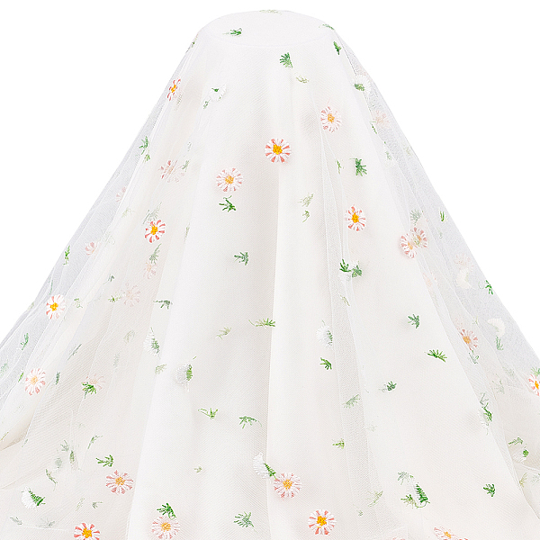 

PandaHall Daisy Pattern Embroidered Polyester Tulle Lace Fabric, Garment Accessories, White, 126x0.2cm, 2yard/pc Polyester White