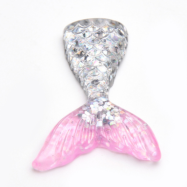 PandaHall Resin Cabochons, with Glitter Powder, Mermaid Tail Shaped, Pink, 41~45x33x7mm Resin Fish Pink