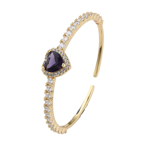 PandaHall Cubic Zirconia Heart Open Cuff Bangle, Real 18K Gold Plated Brass Jewelry for Women, Dark Slate Blue, Inner Diameter: 2-1/8 inch...