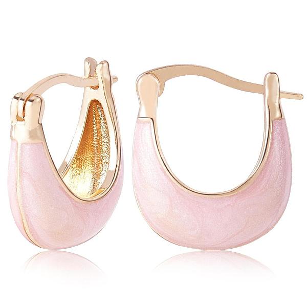 

PandaHall Enamel Arch Hoop Earrings, Golden Brass Jewelry for Women, Pink, 17~18x16x6.5mm, Pin: 0.5x1mm Brass Pink