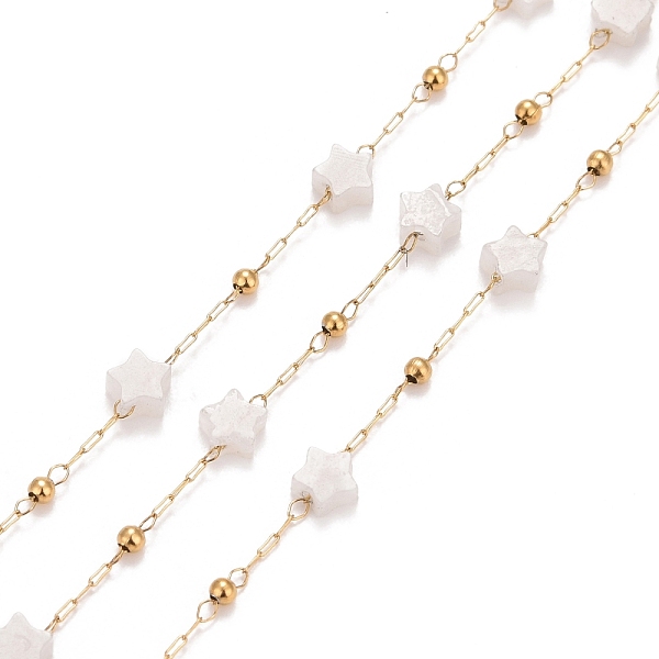 

PandaHall Ion Plating(IP) 304 Stainless Steel Satellite Chains, with White Moonstone Star Beaded, Unwelded, with Spool, Golden, 4x4x2mm...