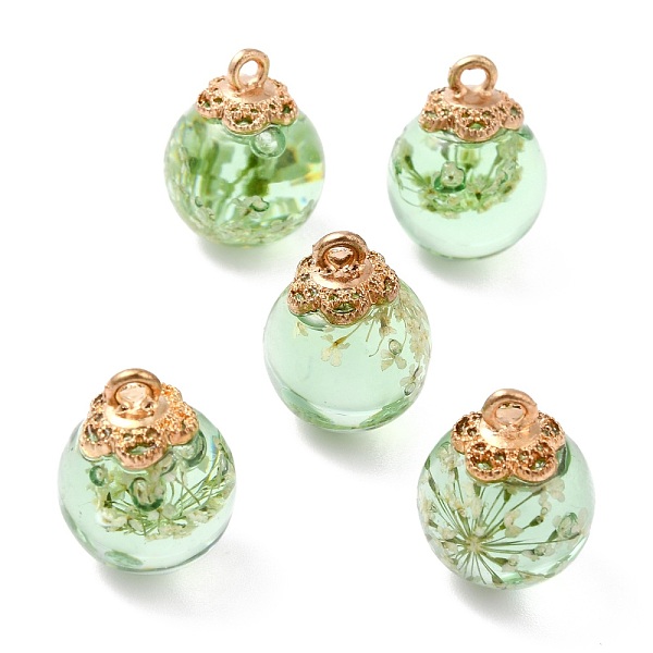 PandaHall Glass Dried Flower Big Pendants, with Alloy Findings, Round, Light Gold, Pale Green, 21x16mm, Hole: 2mm Alloy+Glass Round