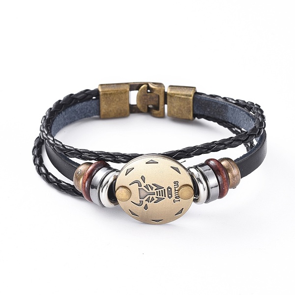 

PandaHall Braided Leather Cord Retro Multi-strand Bracelets, with Wood Beads, Hematite Beads and Alloy Findings, Flat Round, Antique Bronze..., Black