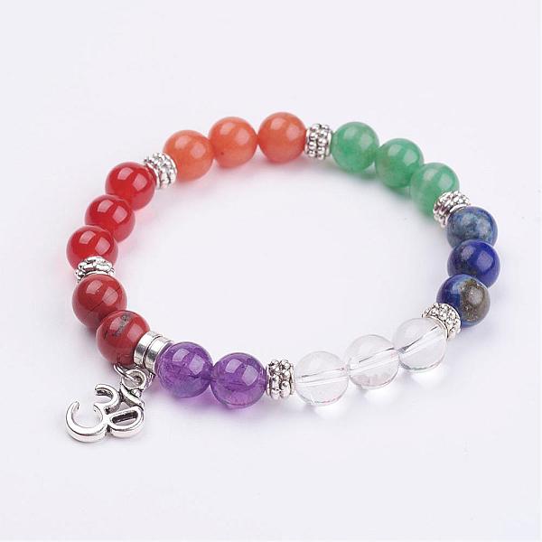 

PandaHall Natural Gemstone Beads Stretch Bracelets, with Tibetan Style Alloy Pendants, Om Symbol, 2 inch(51mm) Mixed Stone Multicolor