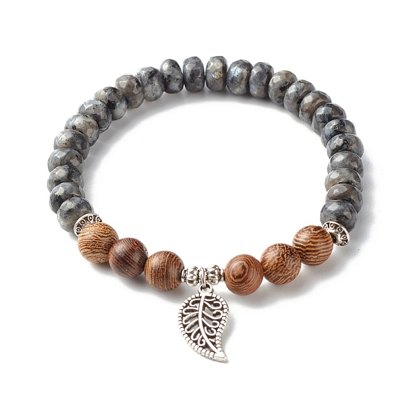 

PandaHall Reiki Natural Labradorite & Wenge Wood Beads Stretch Bracelet, Leaf Alloy Charm Bracelet for Girl Women, Inner Diameter: 2-1/8...