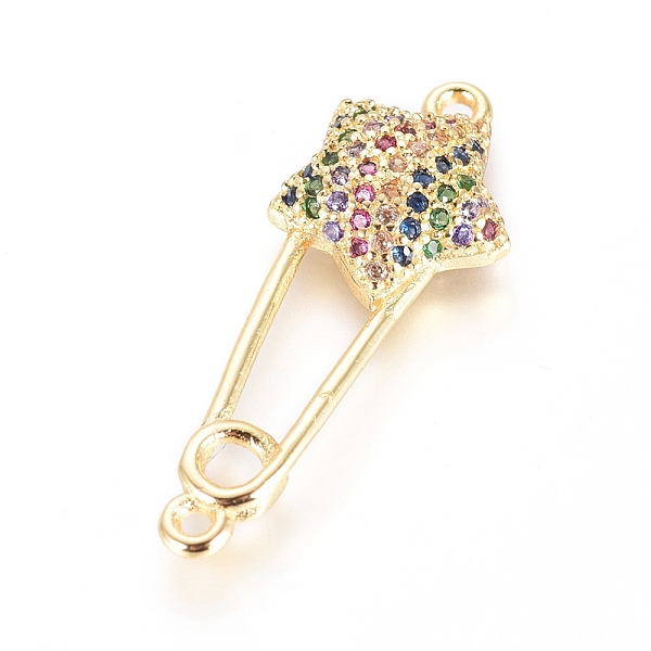 

PandaHall Brass Micro Pave Cubic Zirconia Links connectors, Safety Pin Shape with Star, Colorful, Golden, 27x10x3.5mm, Hole: 1.2mm...