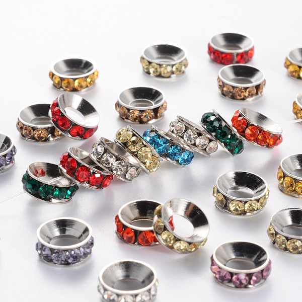 

PandaHall Brass Rhinestone Spacer Beads, Rondelle, Mixed, Nickel Color, about 10mm in diameter, 4mm thick, hole: 5mm Brass+Rhinestone..., Multicolor