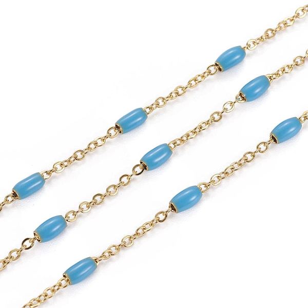 

PandaHall Ion Plating(IP) 304 Stainless Steel Cable Chains, with Enamel Oval Beads, Soldered, with Spool, Flat Oval, Golden, Sky Blue...