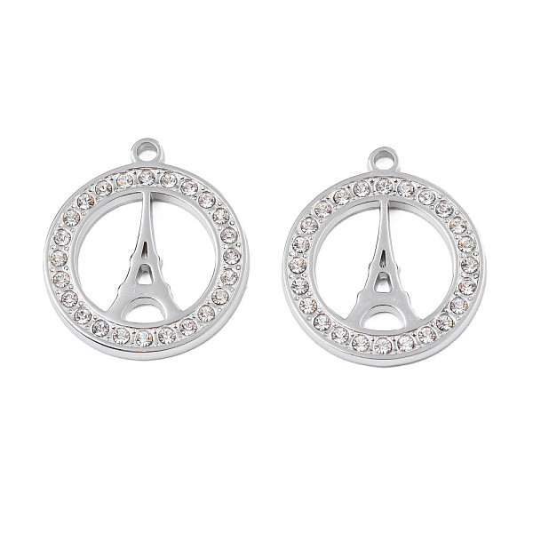 

PandaHall 304 Stainless Steel Pendants, with Crystal Rhinestone, Ring with Eiffel Tower, Stainless Steel Color, 26x22.5x2mm, Hole: 2mm..., Clear