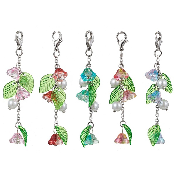 

PandaHall Trumpet Flower Glass & Leaf Acrylic Pendant Decorates, with Lobster Claw Clasps, Mixed Color, 67mm, 5pcs/set Acrylic Flower..., Multicolor