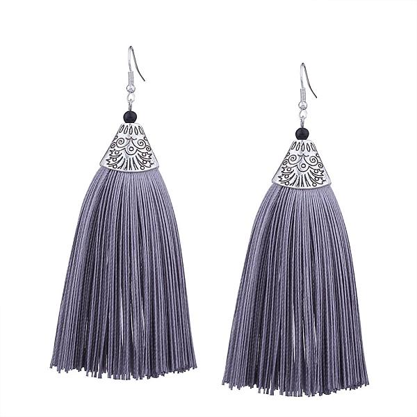 

PandaHall Dangling Tassel Earrings, with Alloy Finding, Antique Silver, Gray, 110x40mm Alloy Gray