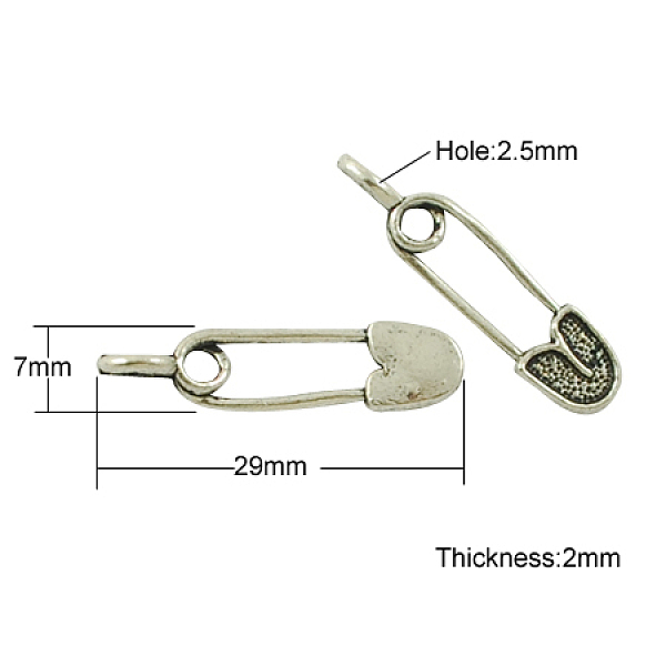 

PandaHall Tibetan Style Alloy Pendants, Cadmium Free & Lead Free, Diaper Pin, Antique Silver, 7x29x2mm Alloy Tool