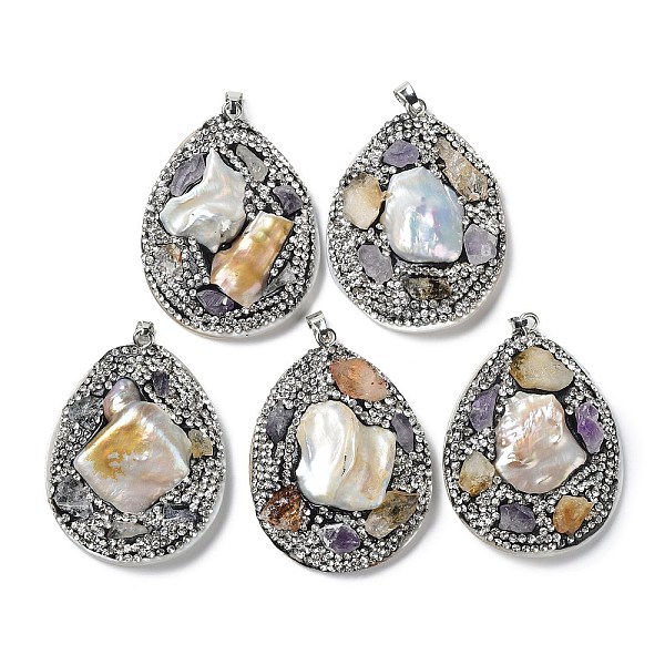 

PandaHall Baroque Natural Freshwater Shell Polymer Clay Rhinestone Big Pendants, Teardrop Charms with Platinum Plated Brass Snap on Bails..., Black