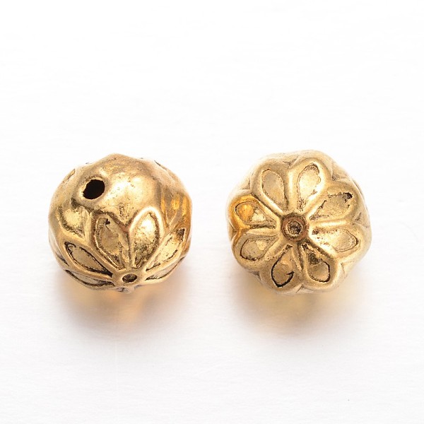PandaHall Round Alloy Beads, with Flower Pattern, Antique Golden, 10mm, Hole: 1mm Alloy Round