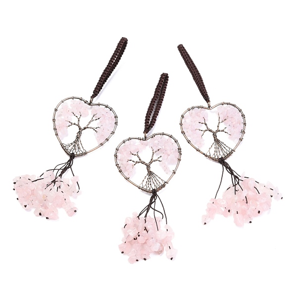 

PandaHall Wire Wrapped Chips Natural Rose Quartz Big Pendant Decorations, with Red Copper Plated Brass Wires and Nylon Cord, Heart with Tree...