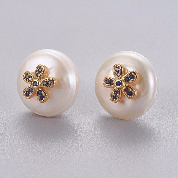

PandaHall Natural Pearl Stud Earrings, with Brass Micro Pave Cubic Zirconia Findings, Flat Round with Flower, Long-Lasting Plated, with Ear..., Blue