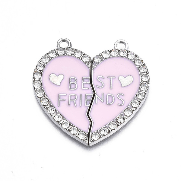 

PandaHall Alloy Enamel Split Pendant, with Rhinestone, Cadmium Free & Nickel Free & Lead Free, Platinum, Broken Heart with Word Best Friend..., Pink