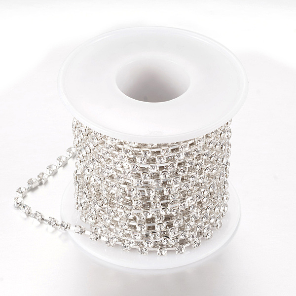 

PandaHall Brass Rhinestone Strass Chains, with Spool, Rhinestone Cup Chains, Silver Color Plated, Crystal, 2mm, about 10yards/roll...
