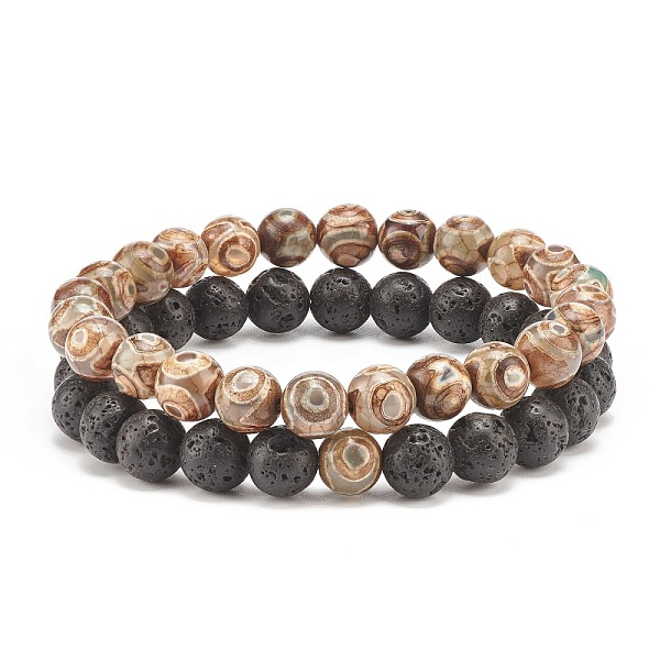 

PandaHall 2Pcs 2 Style Natural Lava Rock & Tibetan Agate Round Beaded Stretch Bracelets Set, Essential Oil Gemstone Jewelry for Women, Inner...