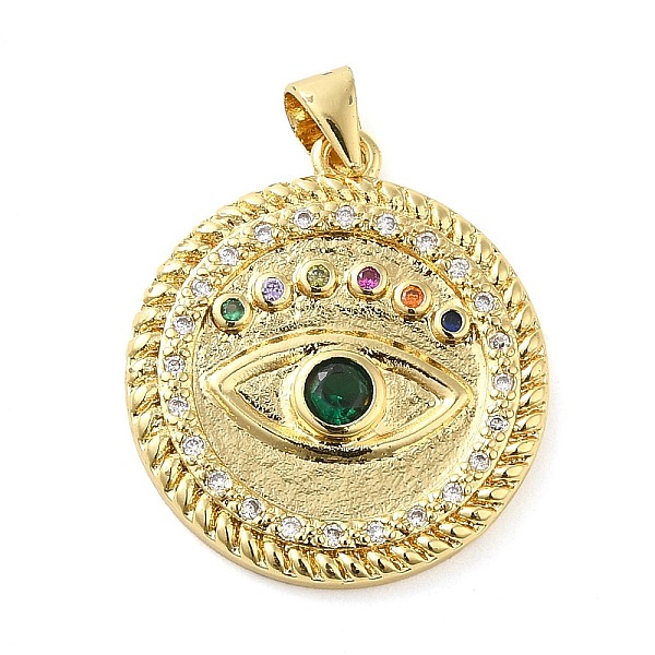 

PandaHall Real 18K Gold Plated Brass Clear Cubic Zirconia Pendants, with Glass, Flat Round with Evil Eye, Colorful, 24x21x3mm, Hole: 5x3.5mm...