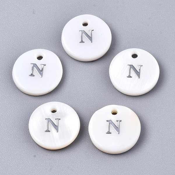 

PandaHall Natural Freshwater Shell Pendants, with Platinum Plated Iron Etched Metal Embellishments, Flat Round with Initial Letter, White...