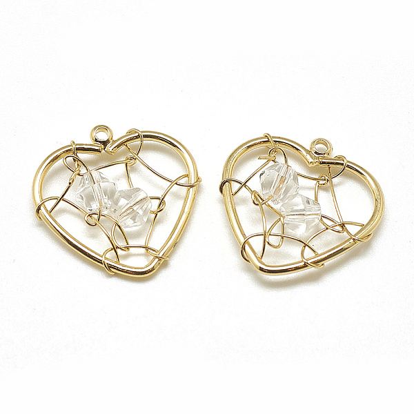 

PandaHall Brass Pendants, with Glass Beads, Heart, Real 18K Gold Plated, Clear, 18x17x4mm, Hole: 1mm Brass+Glass Heart Clear