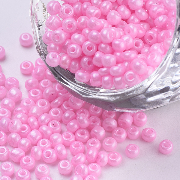 

PandaHall Baking Paint Glass Seed Beads, Round, Pearl Pink, 3x1.5~3mm, Hole: 1mm, about 10000pcs/bag, about 450g/bag Glass Pink
