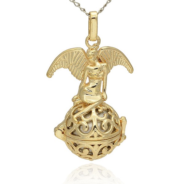

PandaHall Golden Tone Brass Hollow Round Cage Pendants, with No Hole Spray Painted Brass Round Beads, Round with Angel, Silver, 47x30x21mm...