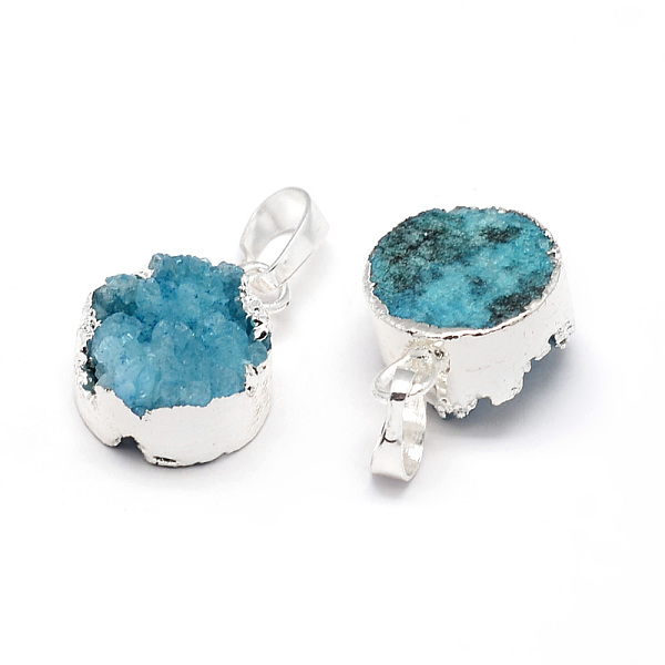 

PandaHall Flat Round Dyed Natural Druzy Agate Pendants, Druzy Trimmed Stone, with Silver Color Plated Brass Findings, Deep Sky Blue...