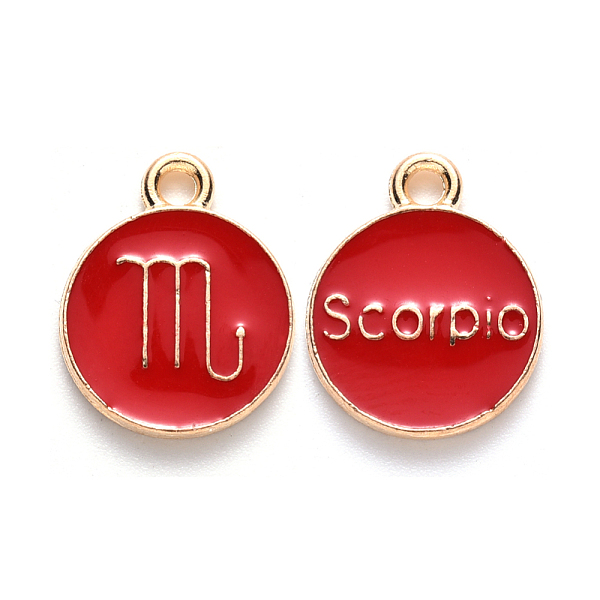 

PandaHall Alloy Enamel Pendants, Cadmium Free & Lead Free, Flat Round with Constellation, Light Gold, Red, Scorpio, 22x18x2mm, Hole: 1.5mm...