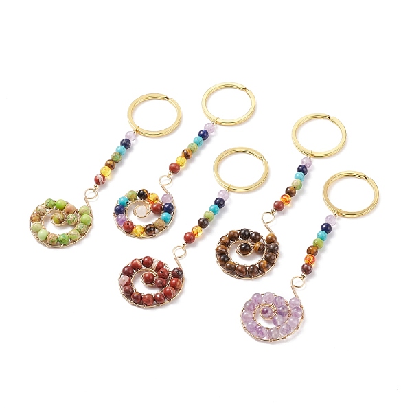 

PandaHall Natural Gemstone Keychain, with Alloy Split Key Rings and Brass Findings, 12.8cm Mixed Stone Flat Round