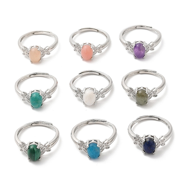 

PandaHall Natural Mixed Gemstone Oval with Butterfly Adjustable Ring, Platinum Brass Jewelry, Inner Diameter: 18mm Mixed Stone