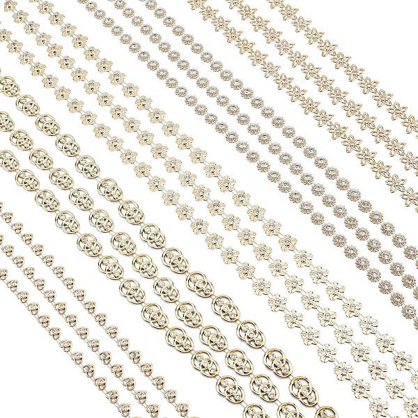 PandaHall 5 Cards 5 Style Plastic & Resin Chains, Wedding Dress Decorative Chains, Mixed Shape, Gold, 7.5~15x3~4mm, 1 card/style Plastic...