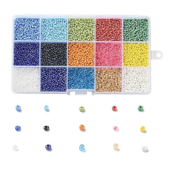 

PandaHall 180G 15 Colors Glass Seed Beads, Lustered, Round, Mixed Color, 12/0, 1.5~2.5x1.5~2mm, Hole: 0.5~1mm, 12g/color Glass Multicolor
