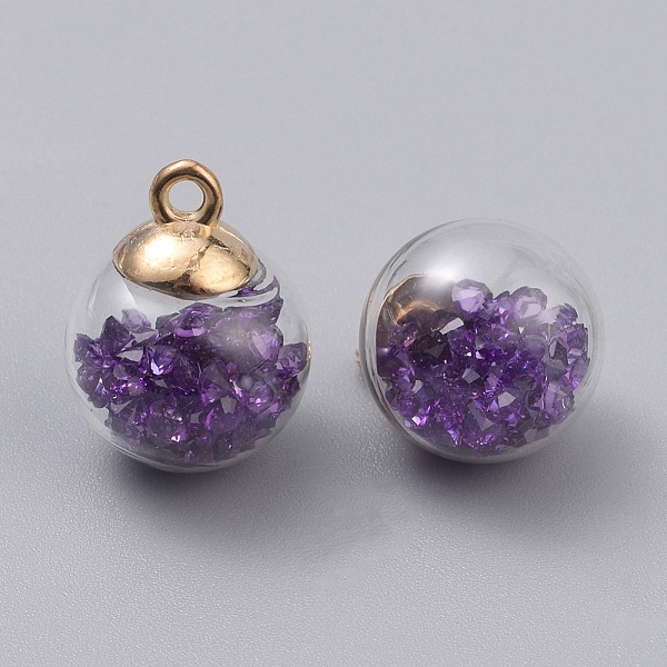 

PandaHall Transparent Glass Globe Pendants, with Resin Rhinestone inside & CCB Plastic Pendant Bails, Round, Light Gold, Indigo, 22x16mm..., Purple