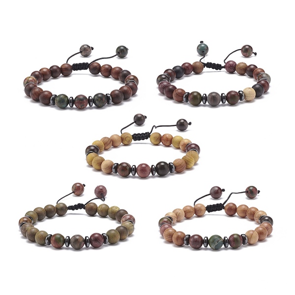 

PandaHall Natural Polychrome Jasper/Picasso Stone/Picasso Jasper & Wood Braided Bead Bracelet, Gemstone Adjustable Bracelet for Women, Mixed..., Multicolor