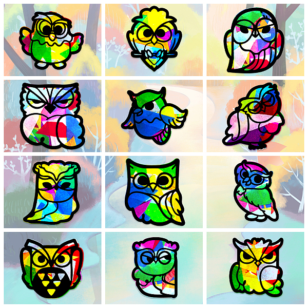 PandaHall Suncatcher Craft Set, for Kids Window Paint Art Painting, Owl Pattern, 19.9~21x7.6~21cm, about 12pcs/set Paper Owl Black