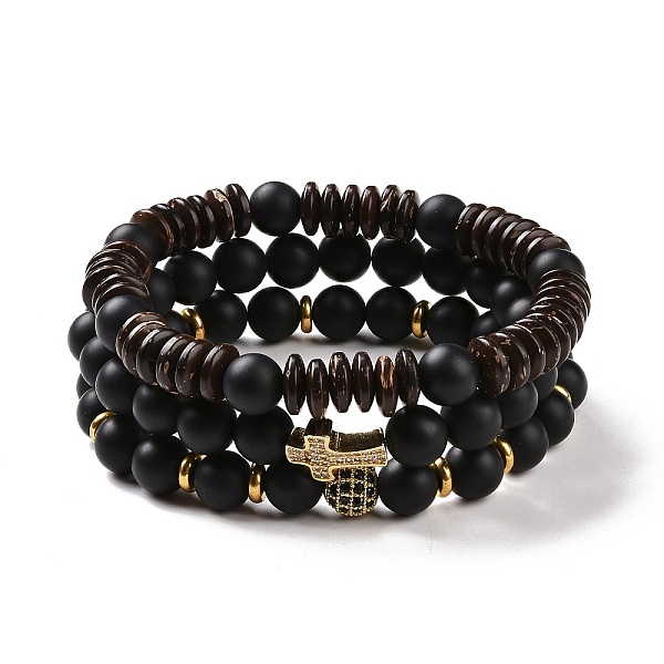 

PandaHall 3Pcs Natural Black Agate(Dyed) and Coconut Beads Stretch Bracelets Set, Cross & Round Brass Micro Pave Cubic Zirconia Jewelry for...