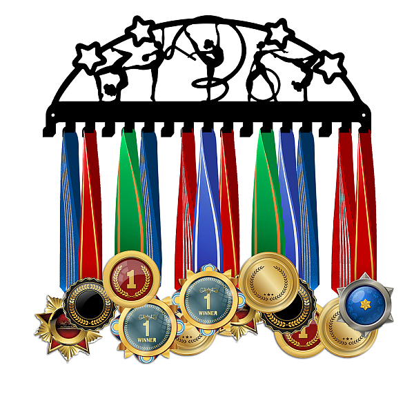 

PandaHall Sport Theme Iron Medal Holder Frame, Medals Display Hanger Rack, 17 Hooks, with Screws, Gymnastics Pattern, 150x400mm Iron Sports
