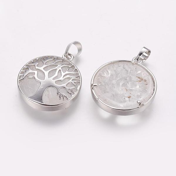 

PandaHall Natural Quartz Crystal Pendants, Rock Crystal Pendants, with Brass Findings, Platinum, Flat Round with Tree, 31x27x6.5~7mm, Hole...