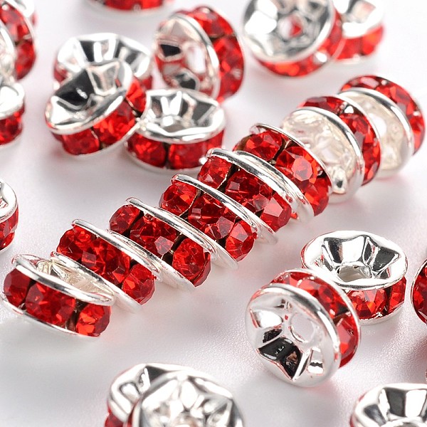 

PandaHall Brass Grade A Rhinestone Spacer Beads, Silver Color Plated, Nickel Free, Light Siam, 7x3.2mm, Hole: 1.2mm Brass+Rhinestone..., Red