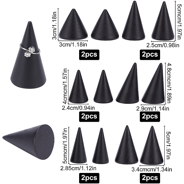 

PandaHall FINGERINSPIRE 12 Pcs Wooden Cone Ring Holders 6 Different Size Finger Ring Display Stands Black Ring Cone Organizer Holders DIY...