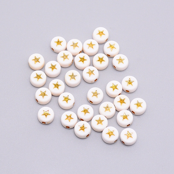 

PandaHall Opaque Acrylic Beads, with Enamel, Flat Round with Star, Gold, 7x4mm, Hole: 1.6mm, 100pcs/bag Acrylic Flat Round Gold