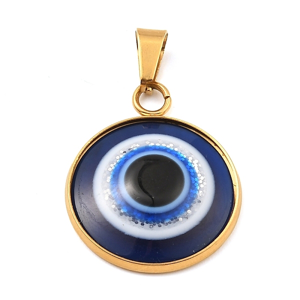 

PandaHall Ion Plating(IP)304 Stainless Steel Pendants, Flat Round with Resin Evil Eye Charms, Golden, 26x21.5x4.5mm, Hole: 7x3.5mm Stainless...
