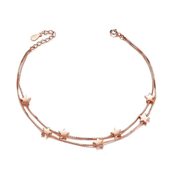 

PandaHall SHEGRACE 925 Sterling Silver Anklet, with Double Layered Chains and Stars, Rose Gold, 8-1/4 inch(210mm) Sterling Silver