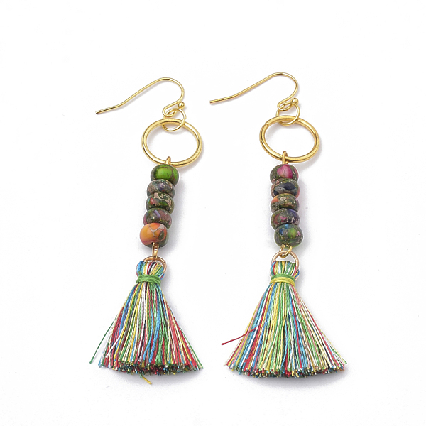 

PandaHall Nylon Tassels Dangle Earrings, with Natural Regalite/Imperial Jasper/Sea Sediment Jasper and Iron Findings, Colorful, 79mm, Pin...