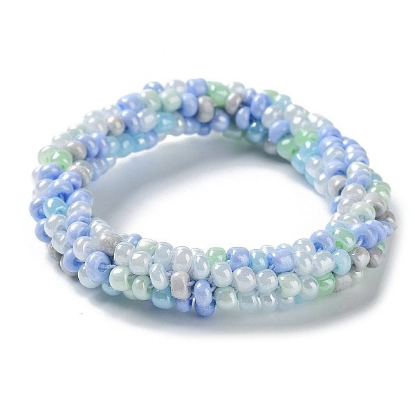 

PandaHall Crochet Glass Beads Braided Stretch Bracelet, Nepel Boho Style Bracelet, Sky Blue, Inner Diameter: 1-3/4 inch(4.5cm) Glass Round