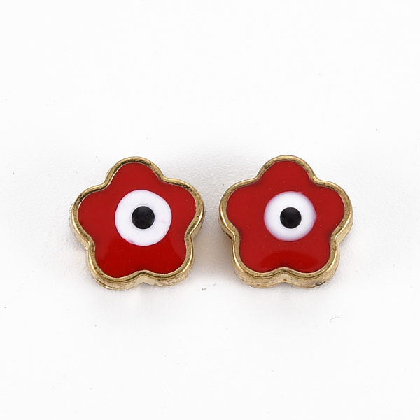 

PandaHall Rack Plating Alloy Enamel Beads, Cadmium Free & Lead Free, Flower with Evil Eye, Red, 8x8.5x3~4mm, Hole: 1.2mm Alloy+Enamel Flower...